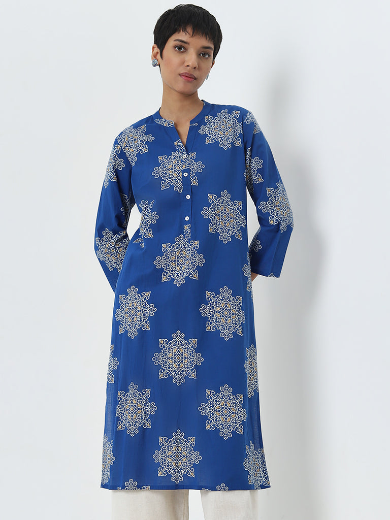 Utsa Dark Blue Bandhani Printed Straight Cotton Kurta