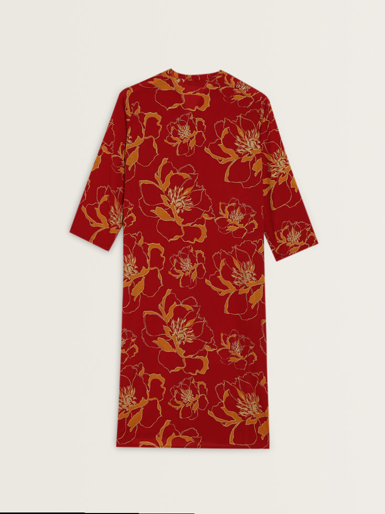 Utsa Red Floral Printed Straight Cotton Kurta