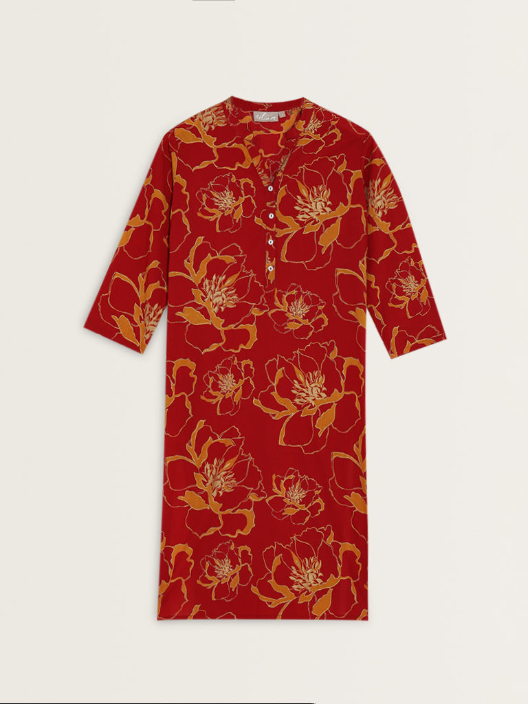 Utsa Red Floral Printed Straight Cotton Kurta