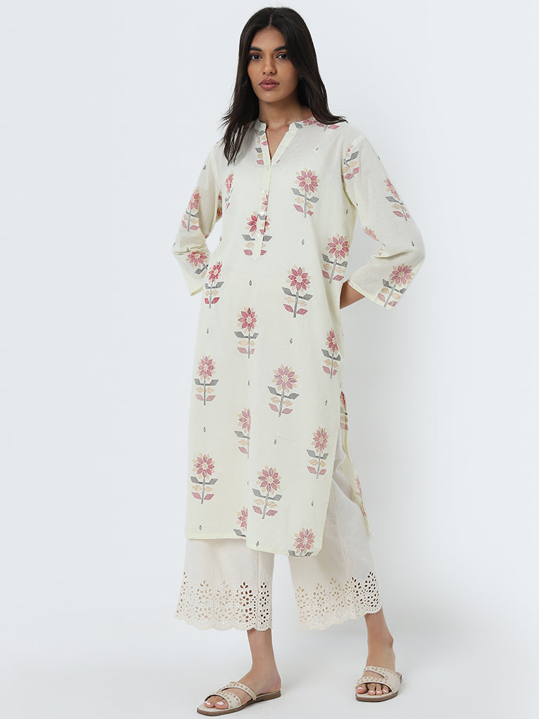 Utsa Off-White Jamdani Floral Print Straight Cotton Kurta