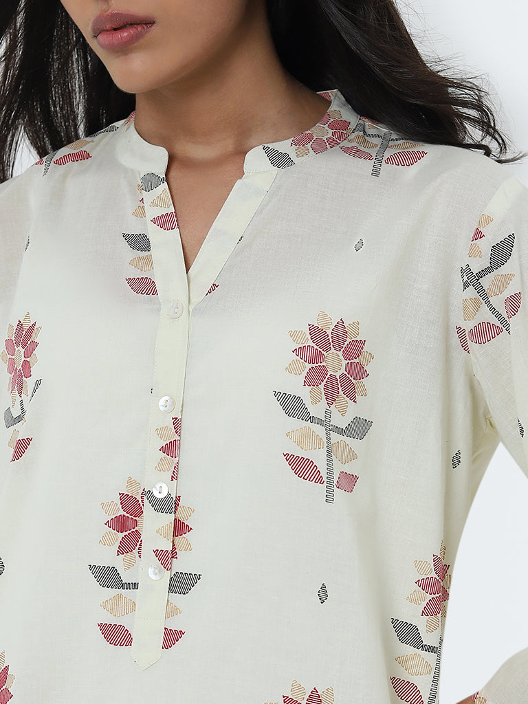 Utsa Off-White Jamdani Floral Print Straight Cotton Kurta