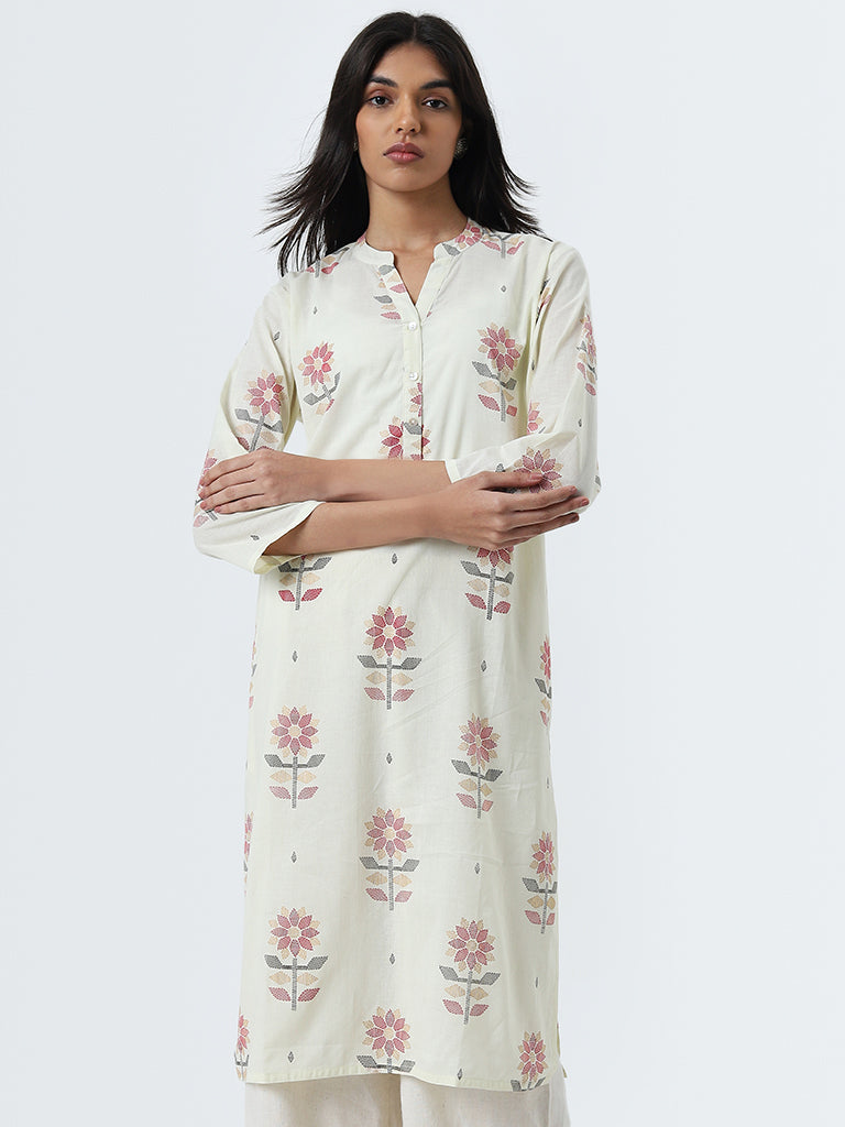 Utsa Off-White Jamdani Floral Print Straight Cotton Kurta