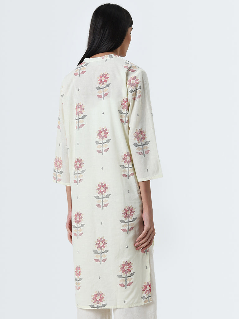 Utsa Off-White Jamdani Floral Print Straight Cotton Kurta