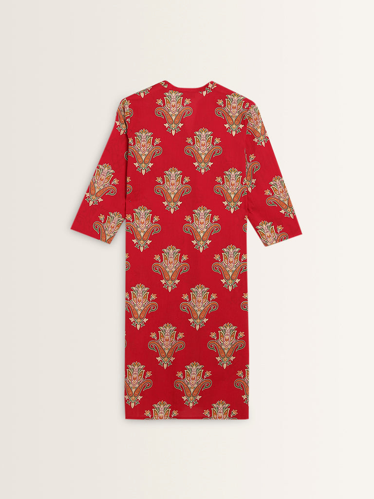 Utsa Red Paisley Printed Straight Cotton Kurta