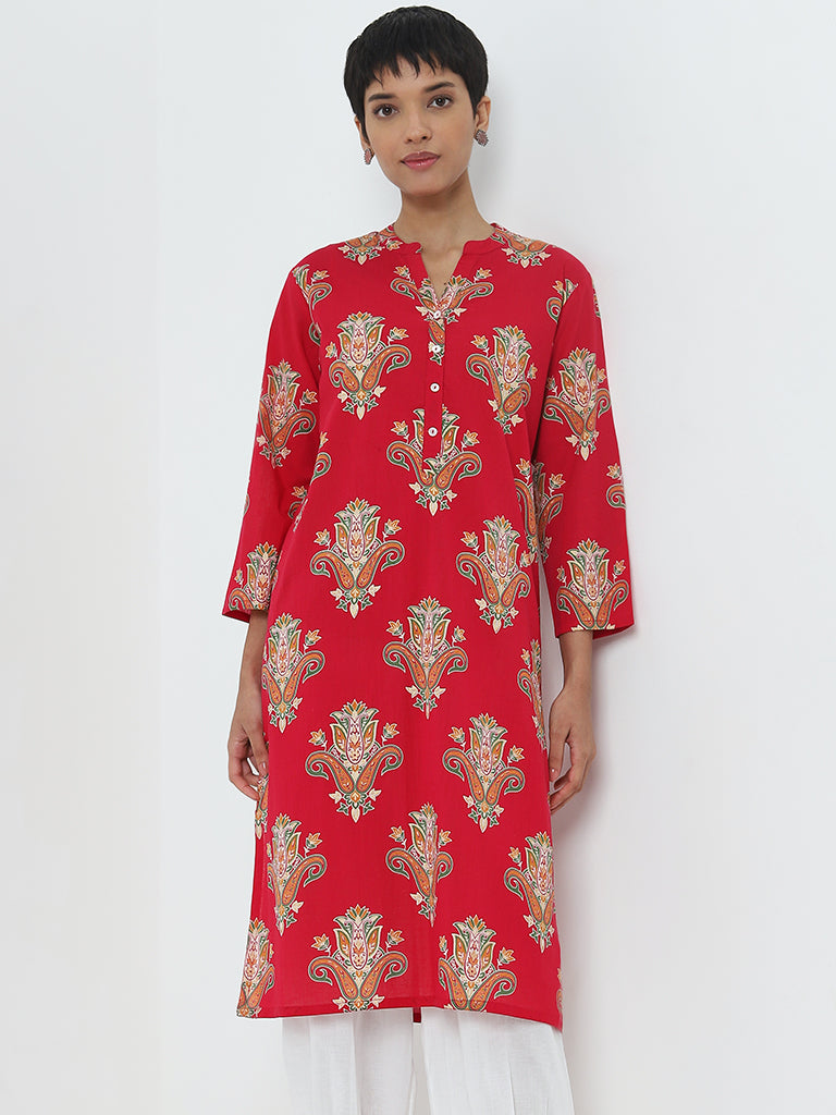 Utsa Red Paisley Printed Straight Cotton Kurta