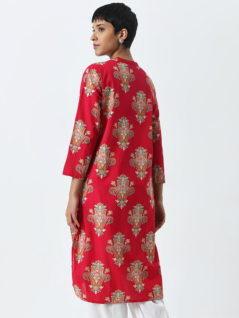 Utsa Red Paisley Printed Straight Cotton Kurta