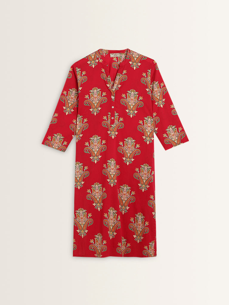 Utsa Red Paisley Printed Straight Cotton Kurta