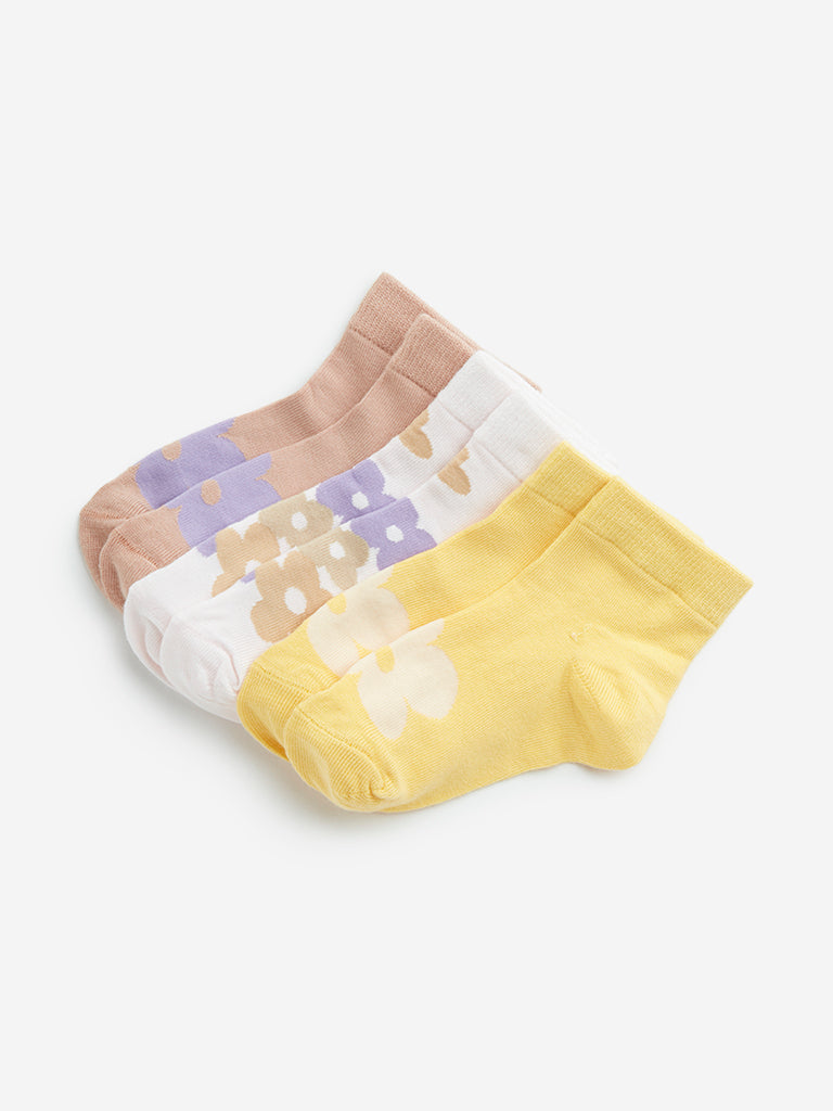 HOP Kids Multicolour Flower Printed Socks - Pack of 3