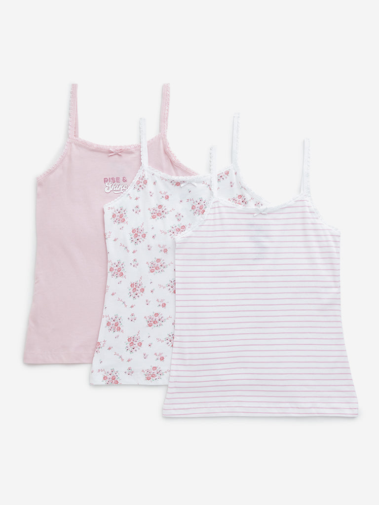 Y&F Kids Pink Printed Cotton Camisoles - Pack of 3