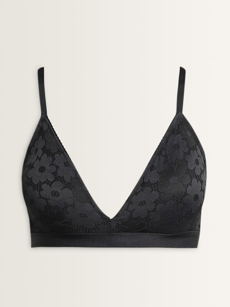 Superstar Black Floral Lace Design Padded Bra