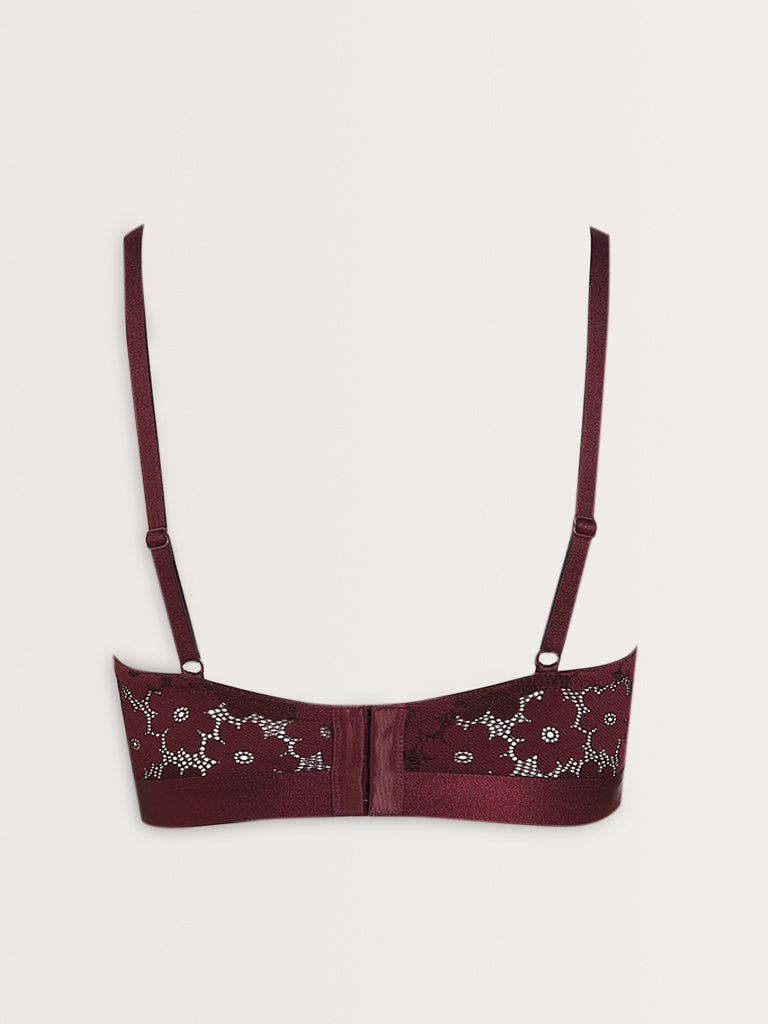 Superstar Burgundy Floral Lace Design Padded Cotton Bra