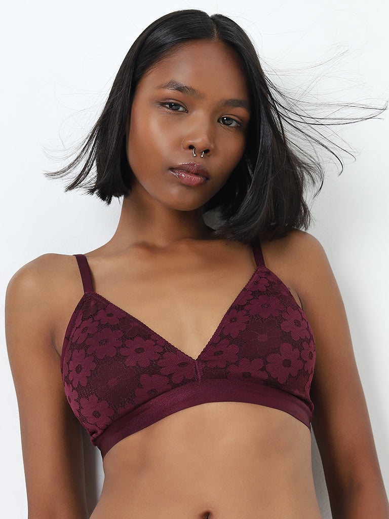 Superstar Burgundy Floral Lace Design Padded Cotton Bra