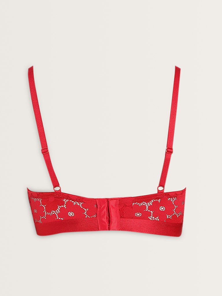 Superstar Red Floral Lace Design Padded Cotton Bra