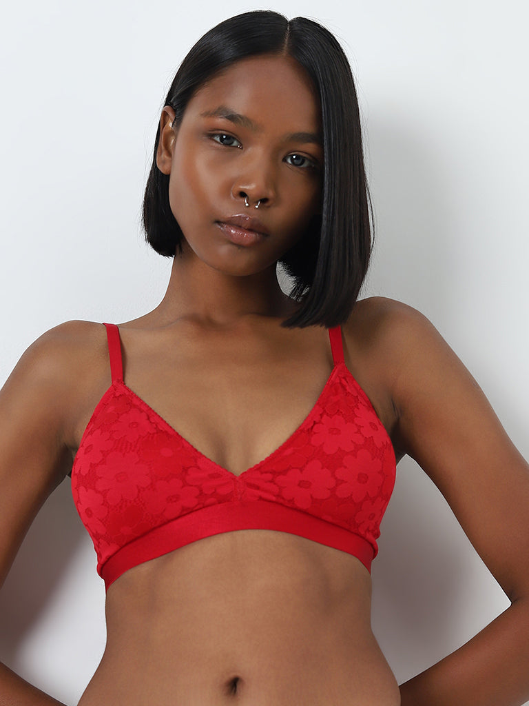 Superstar Red Floral Lace Design Padded Cotton Bra