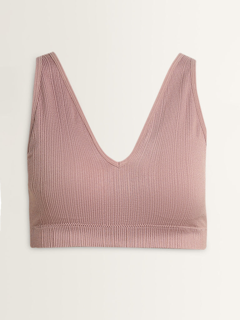 Superstar Mauve Ribbed Textured Padded Plunge Cotton Bra