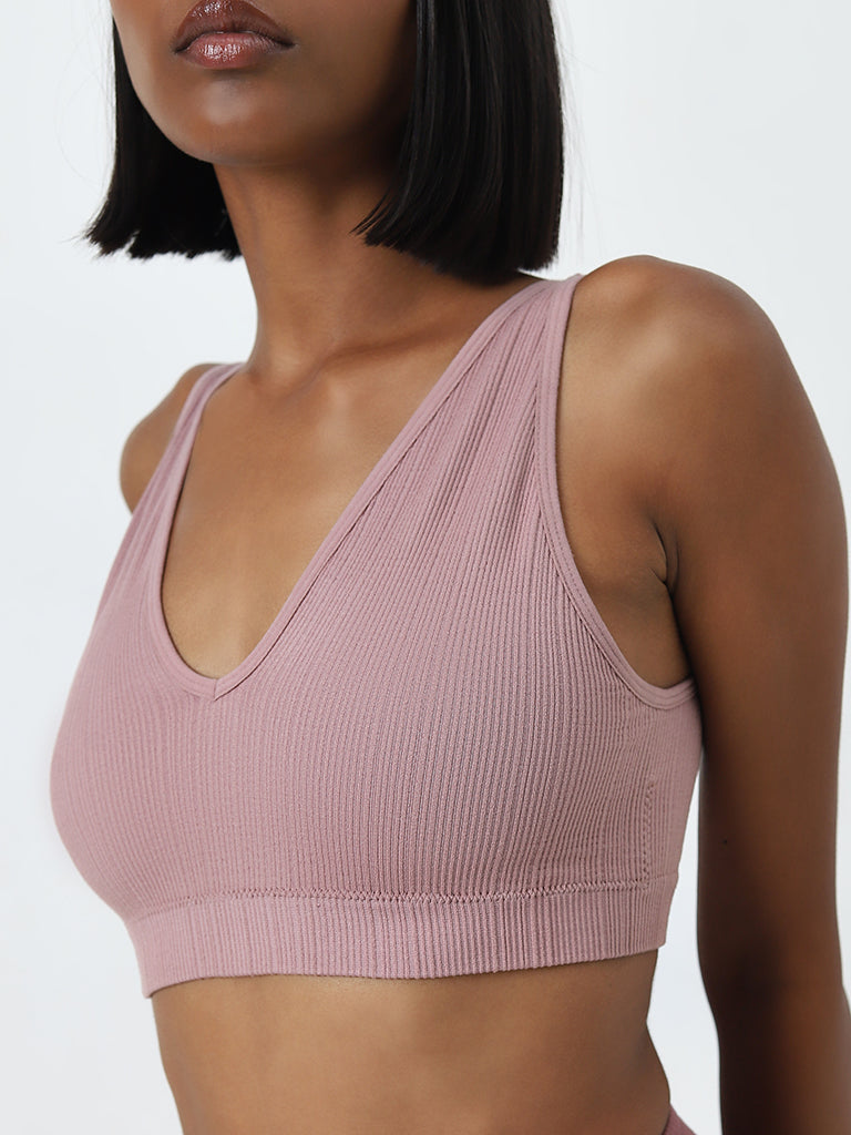 Superstar Mauve Ribbed Textured Padded Plunge Cotton Bra