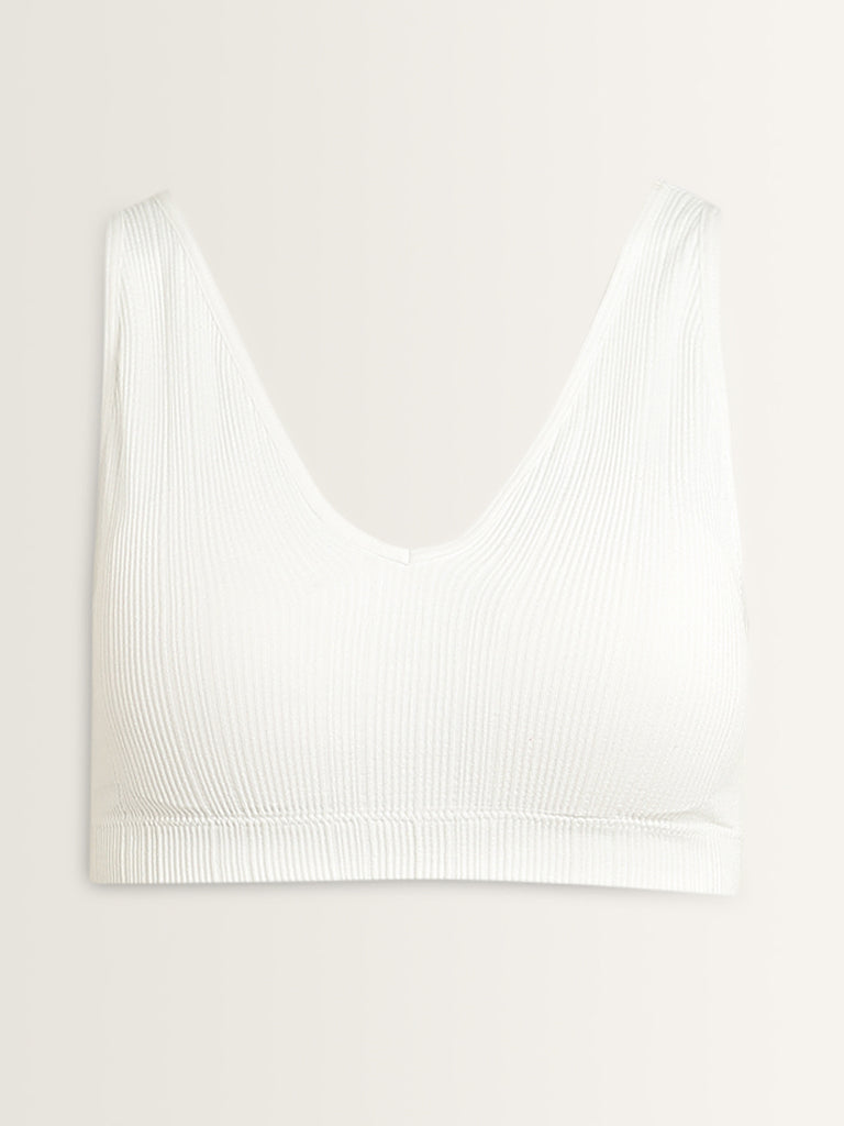 Superstar White Ribbed Textured Padded Plunge Cotton Bra