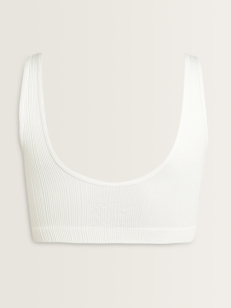 Superstar White Ribbed Textured Padded Plunge Cotton Bra