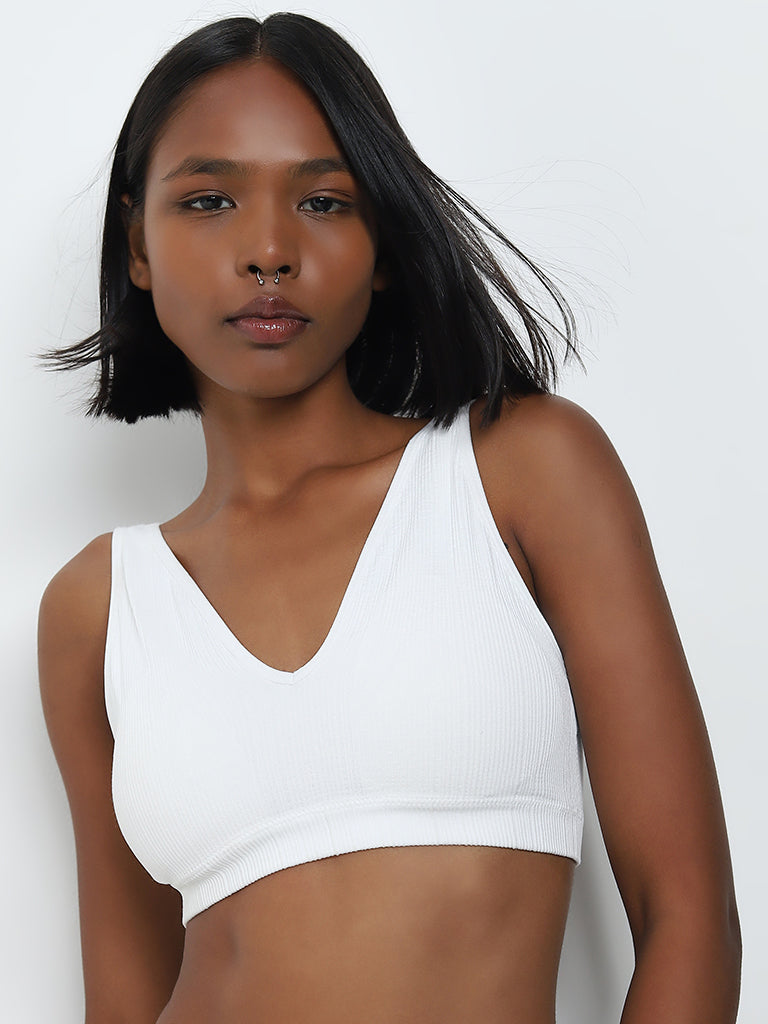 Superstar White Ribbed Textured Padded Plunge Cotton Bra