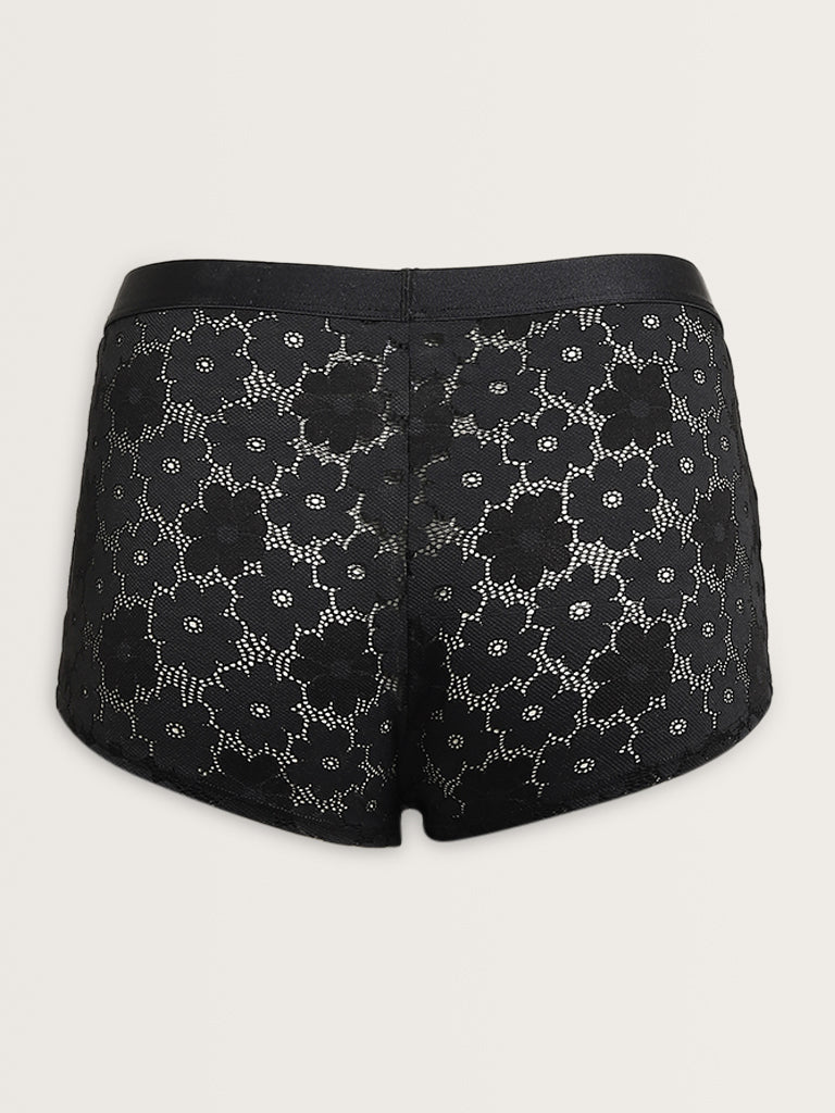 Superstar Black Floral Lace-Detailed Cotton Blend Brief