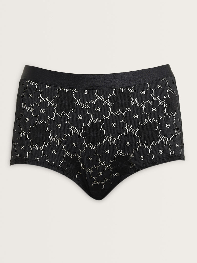 Superstar Black Floral Lace-Detailed Cotton Blend Brief