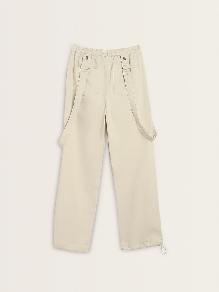 Nuon Beige Dungaree-Style High-Rise Trousers