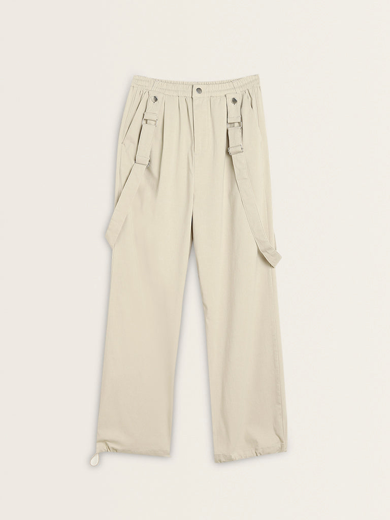 Nuon Beige Dungaree-Style High-Rise Trousers