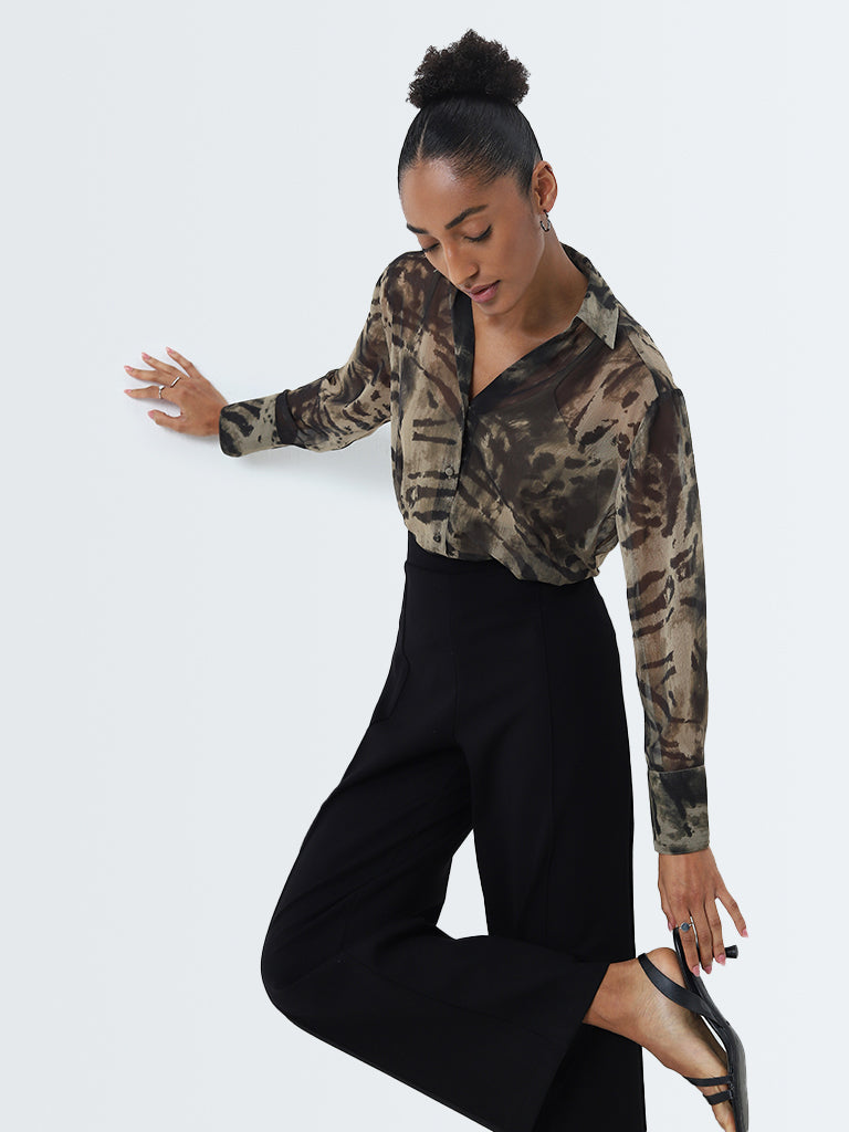 Wardrobe Olive Abstract Printed Shirt with Camisole