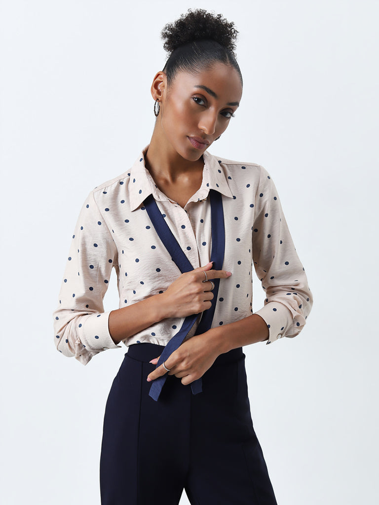 Wardrobe Ivory Polka-Dot Design Crinkled Shirt