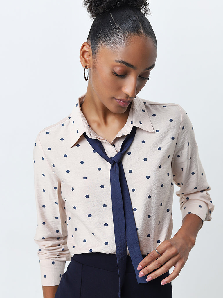 Wardrobe Ivory Polka-Dot Design Crinkled Shirt