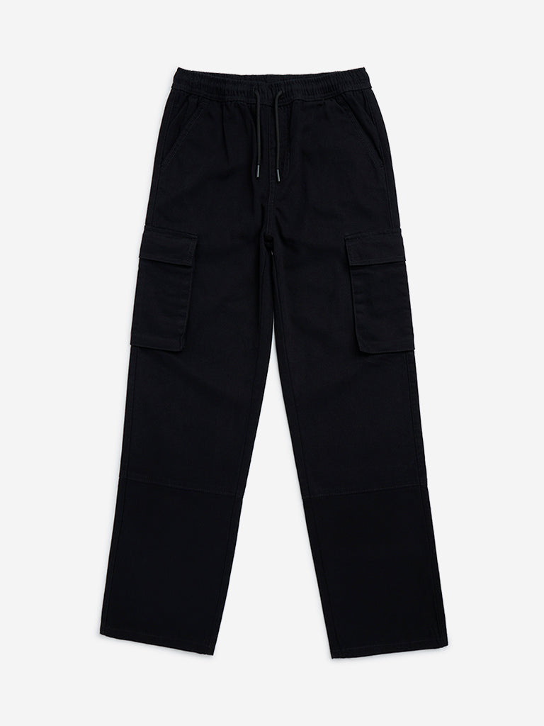 Y&F Kids Black Cargo-Style Mid-Rise Cotton Trousers