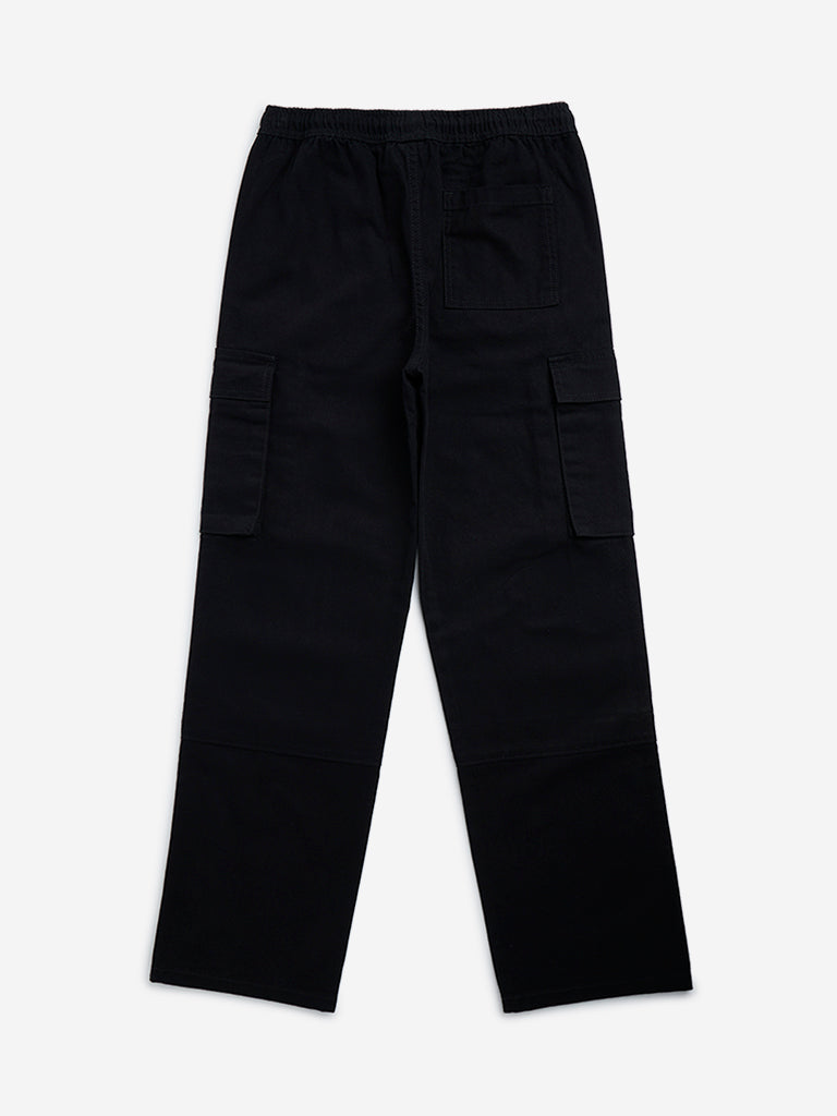 Y&F Kids Black Cargo-Style Mid-Rise Cotton Trousers