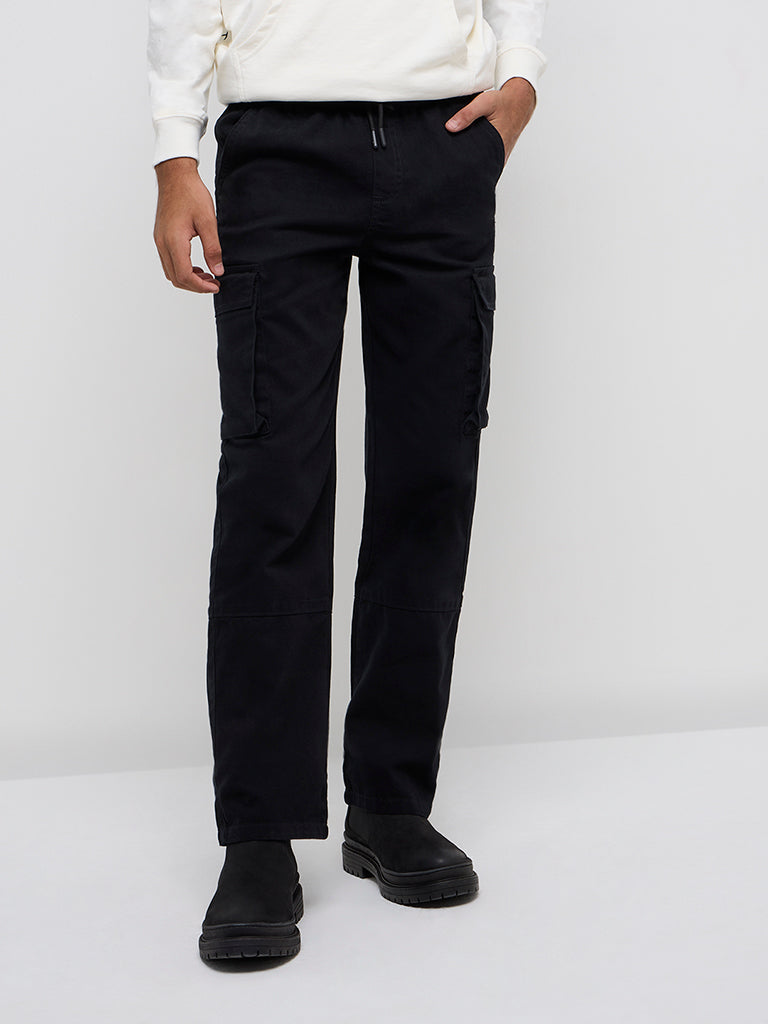 Y&F Kids Black Cargo-Style Mid-Rise Cotton Trousers