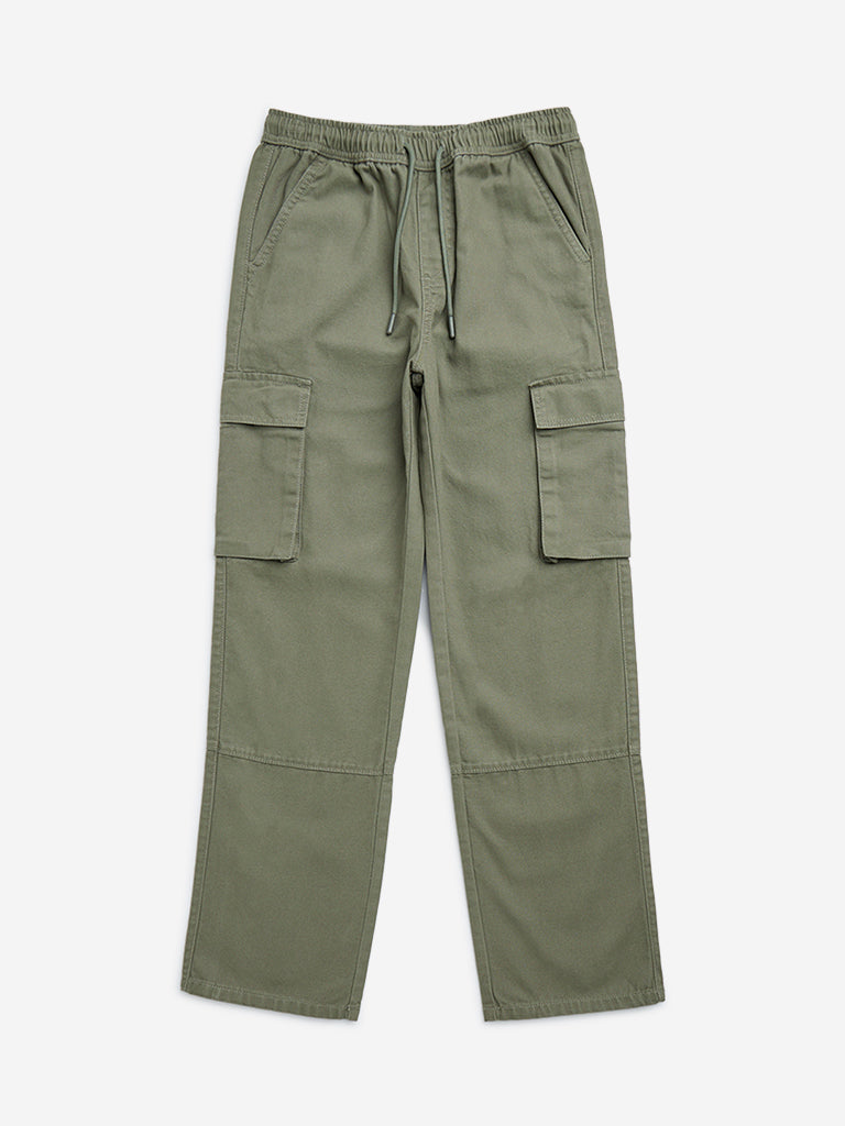 Y&F Kids Olive Cargo-Style Mid-Rise Cotton Trousers