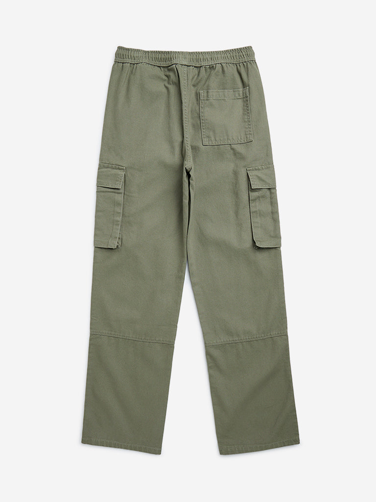 Y&F Kids Olive Cargo-Style Mid-Rise Cotton Trousers