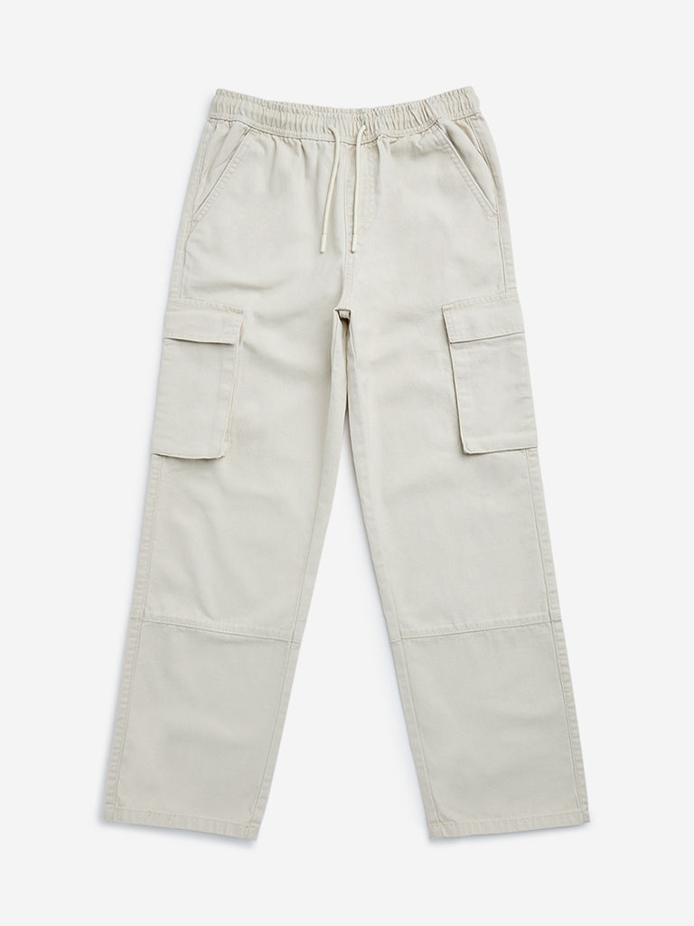 Y&F Kids Off-White Cargo-Style Mid-Rise Cotton Trousers