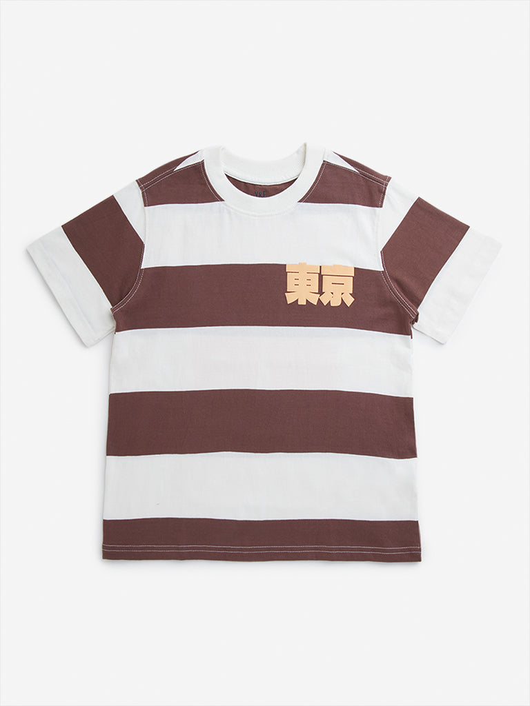 Y&F Kids Brown Striped Design Cotton T-Shirt