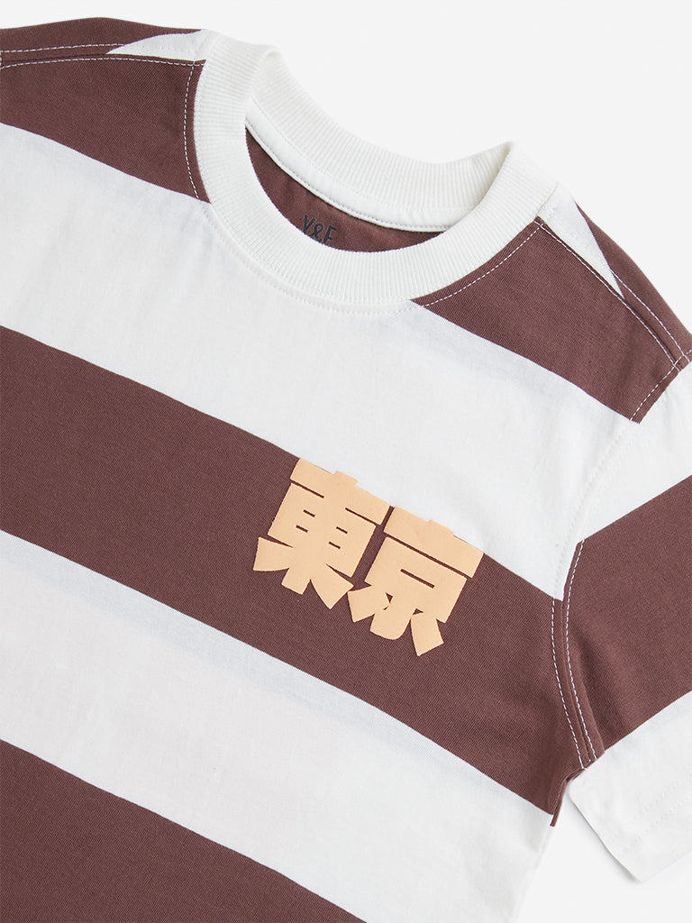 Y&F Kids Brown Striped Design Cotton T-Shirt