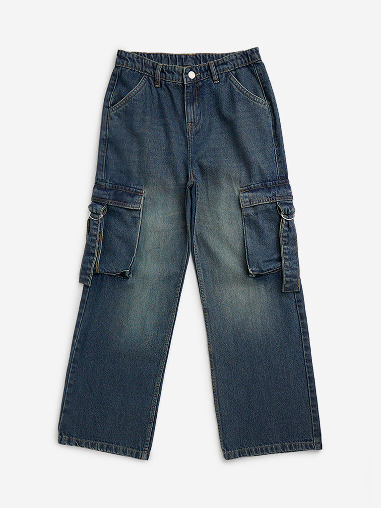 Y&F Kids Dark Blue Relaxed - Fit Mid - Rise Cargo Jeans