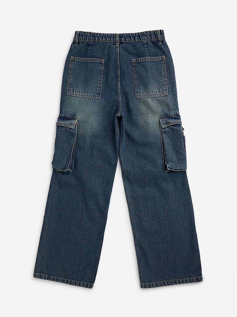 Y&F Kids Dark Blue Relaxed - Fit Mid - Rise Cargo Jeans