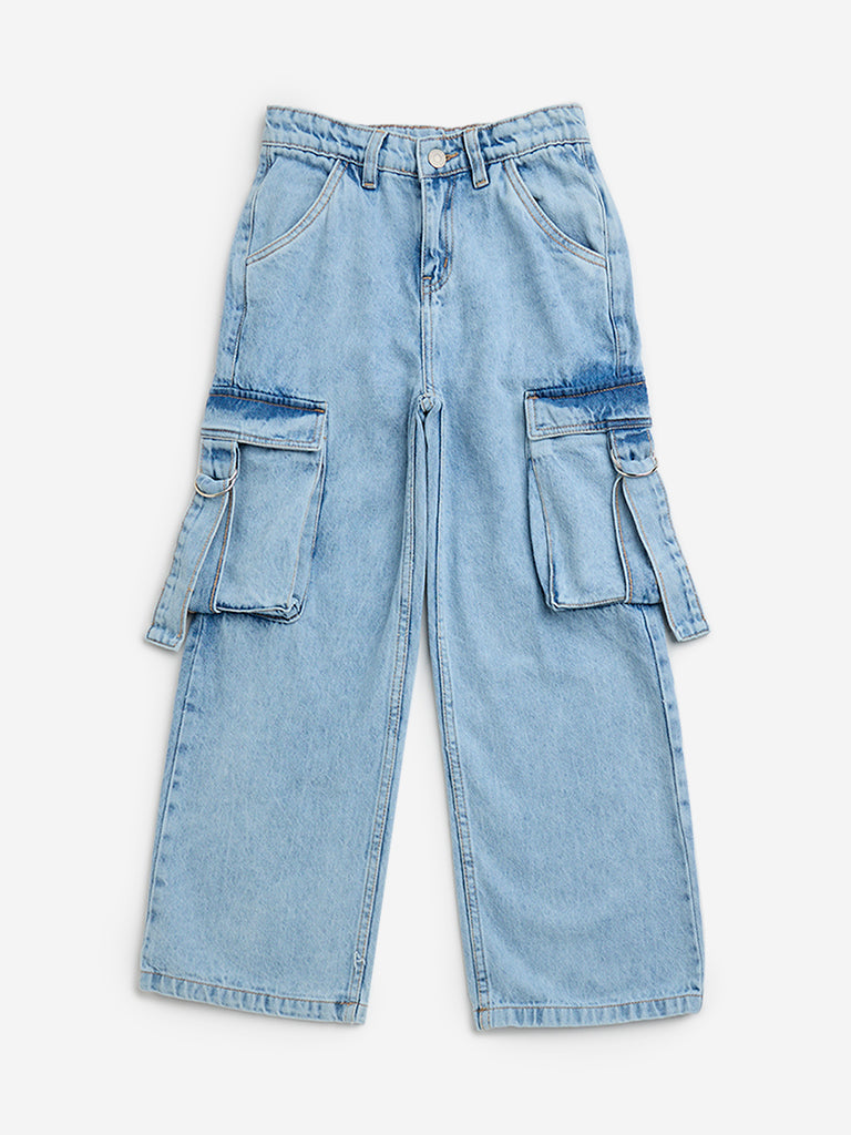 Y&F Kids Light Blue Straight - Fit High - Rise Cargo Jeans