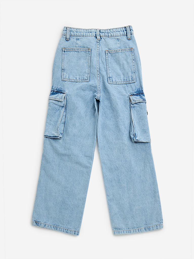 Y&F Kids Light Blue Straight - Fit High - Rise Cargo Jeans