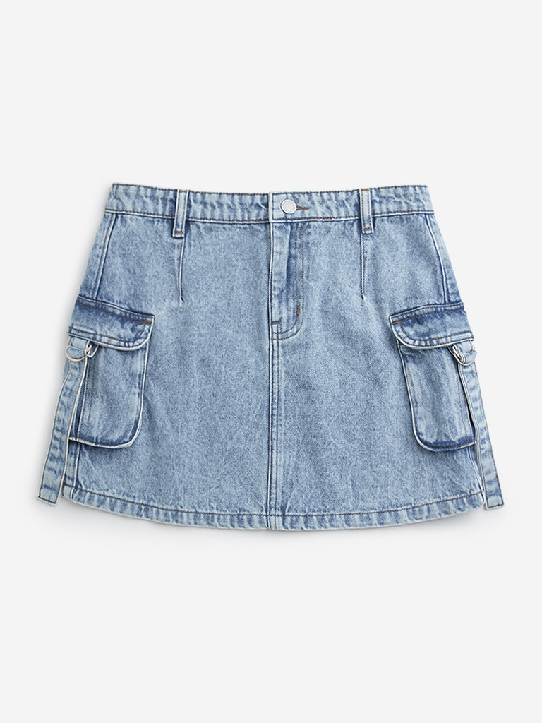 Y&F Kids Blue Cargo-Style Mid-Rise Denim Skirt