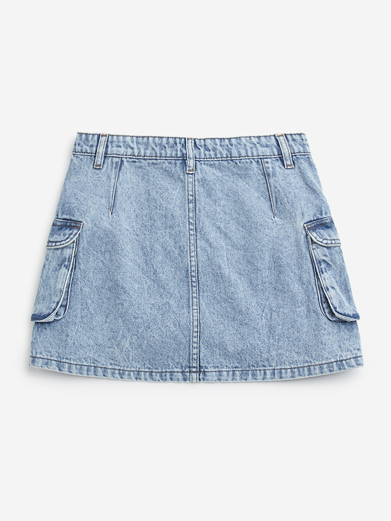 Y F Kids Blue Cargo Style Mid Rise Denim Skirt