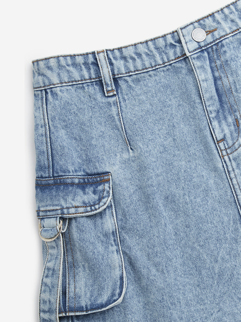 Y&F Kids Blue Cargo-Style Mid-Rise Denim Skirt