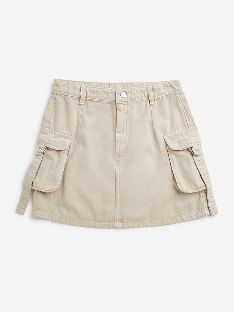 Y&F Kids Beige Cargo-Style Mid-Rise Denim Skirt