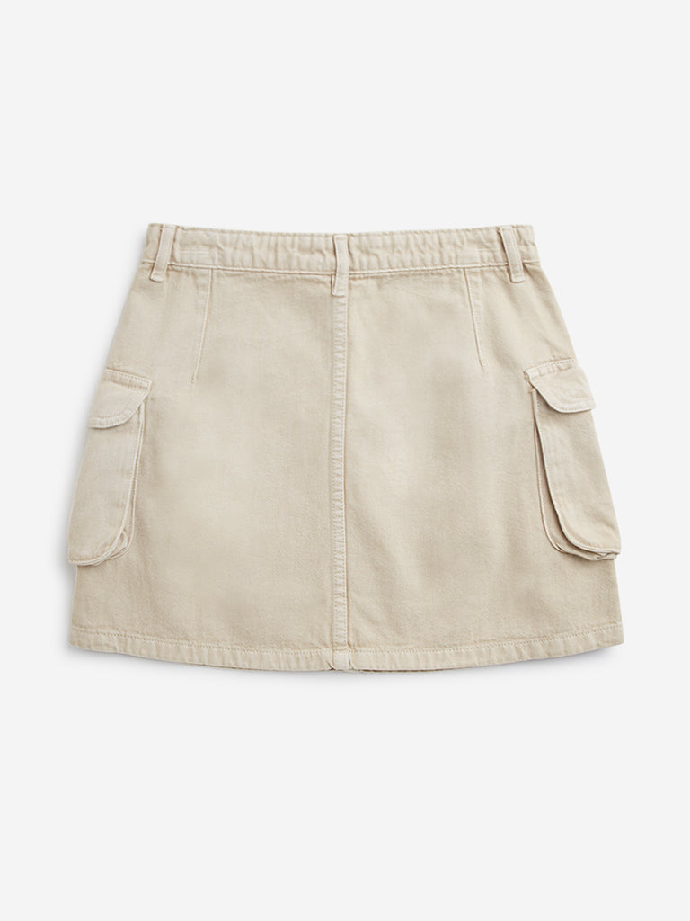 Y&F Kids Beige Cargo-Style Mid-Rise Denim Skirt