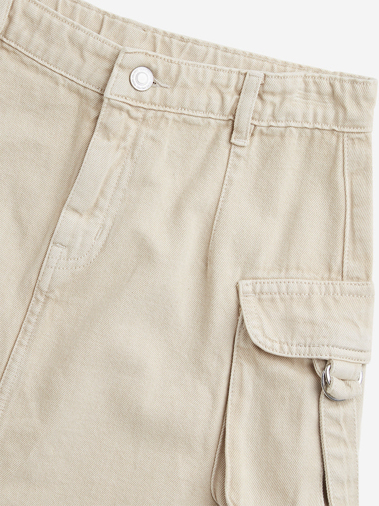 Y&F Kids Beige Cargo-Style Mid-Rise Denim Skirt