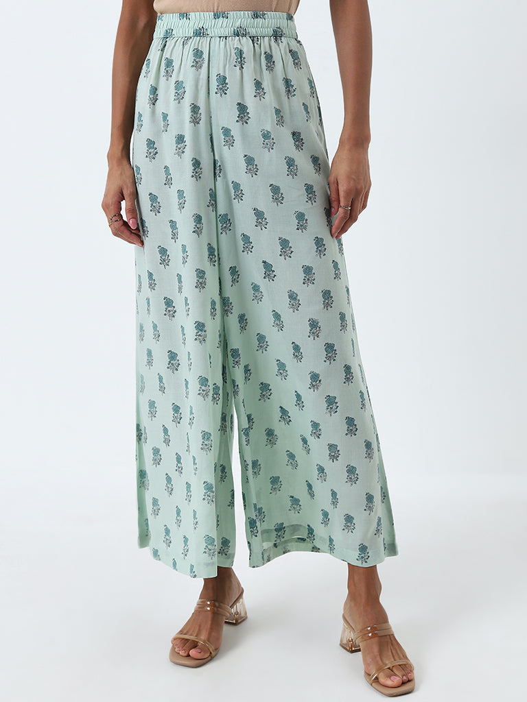 Zuba Sea Green Floral Printed High-Rise Palazzos