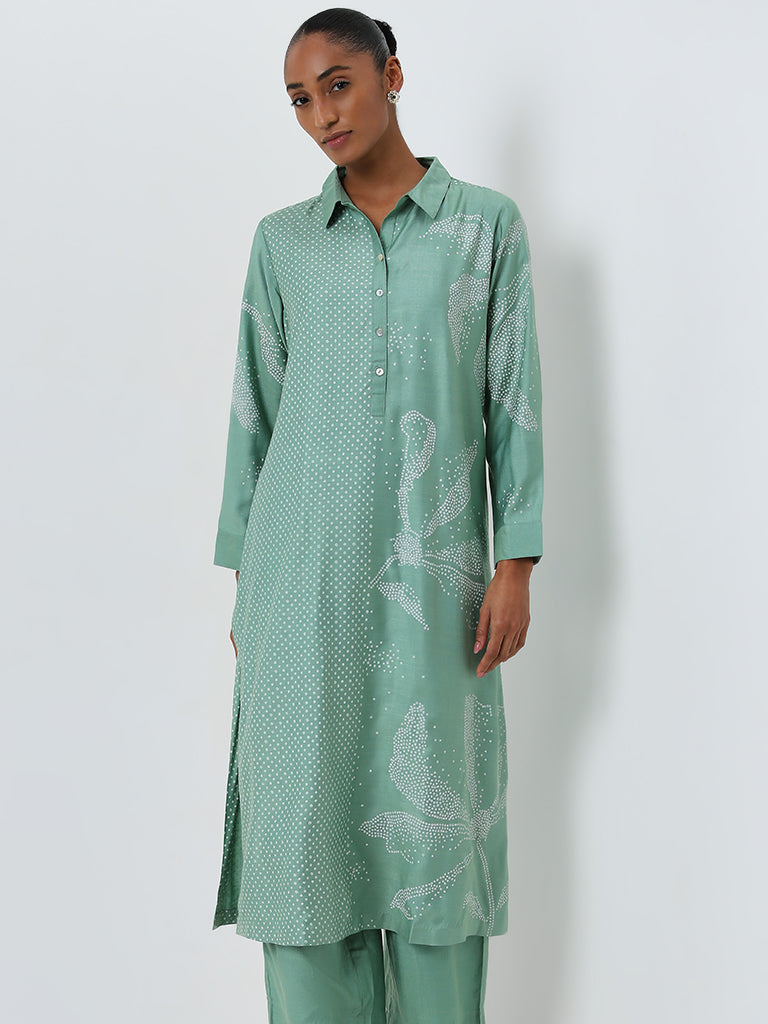 Zuba Green Bandhani Printed A-Line Kurta